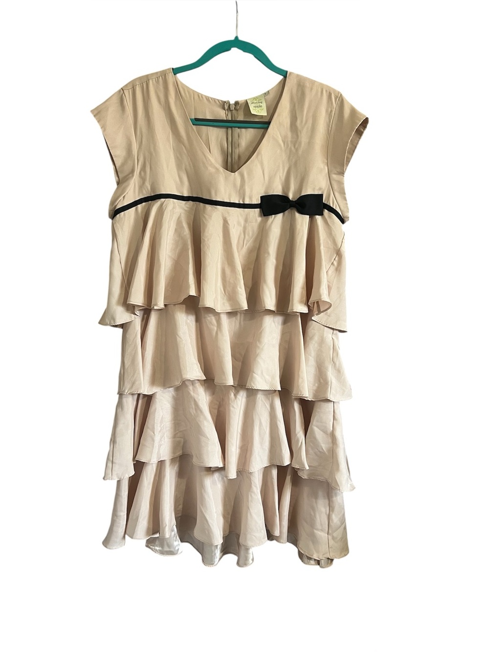 Shabby Apple Tiered Ruffle Dress with Black Bow - Cream